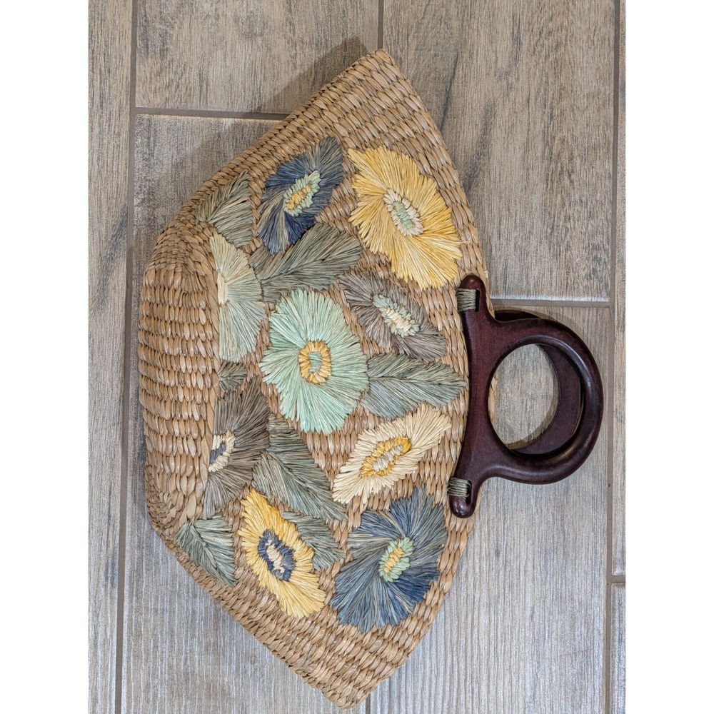 Vintage 90s In The Pines Straw Handbag Raffia Floral Wooden Handle Boho Beach...